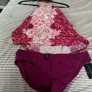 Ralph Lauren Hawaiian pink white Coral halter swim top and pink bottoms.